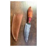Handcrafted Damascus Steel Full Tang Blade Knife with Leather Sheath approx 8.5 inches Hunting Fishing Skinner