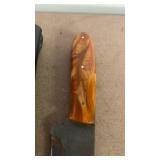 Handcrafted Copper Damascus Steel Knife Full Tang Blade with Orange Resin Handle with leather sheath Hunting Fishing approx 8.5 inches