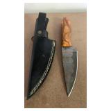 Handcrafted Copper Damascus Steel Knife Full Tang Blade with Orange Resin Handle with leather sheath Hunting Fishing approx 8.5 inches