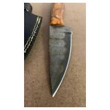 Handcrafted Copper Damascus Steel Knife Full Tang Blade with Orange Resin Handle with leather sheath Hunting Fishing approx 8.5 inches