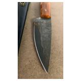 Handcrafted Copper Damascus Steel Knife Full Tang Blade with Orange Resin Handle with leather sheath Hunting Fishing approx 8.5 inches