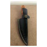 Handcrafted Copper Damascus Steel Knife Full Tang Blade with Orange Resin Handle with leather sheath Hunting Fishing approx 8.5 inches