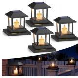 4 Pack Solar Post Lights Outdoor with 3D Flickering Candle Wick, Solar Post Cap Lights IP67 Waterproof, Warm LED Lighting Decor for Fence Deck Mailbox Yard Porch, Fit 4x4, 5x5 or 6x6 Vinyl/Wooden Post