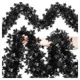 50FT Halloween Tinsel Garland Decorations, Black Shiny Metallic Streamer Garland with Maple Leaves for Home Tree Mantle Indoor Outdoor Halloween Party Supplies