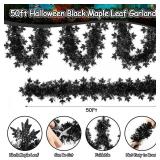 50FT Halloween Tinsel Garland Decorations, Black Shiny Metallic Streamer Garland with Maple Leaves for Home Tree Mantle Indoor Outdoor Halloween Party Supplies