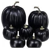 Winlyn 7 Pcs Assorted Artificial Black Pumpkins Halloween Faux Rustic Decorative Foam Pumpkins for Fall Halloween Thanksgiving Tabletop Centerpiece Mantel Kitchen Decor