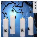 Halloween Floating Candles Flameless with 3D Spider, Set of 4 Hanging Candles Floating with Fishing Line, Floating Candle with Remote, Halloween Candle with 3 Black Spider for Home Decor