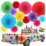 AmazingSpark 48 Pcs Rainbow Party Car Decorations 8" 12" 16" Colorful Paper Fans Paper Pom Poms Rainbow Tissue Flowers with Adhesive Magnetic Sheet for Wedding Birthday Fiesta Carnival Baby Shower