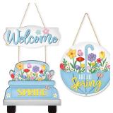 Spring Decoration Wood Door Wall Signs,Wooden Wreaths Front Door Welcome Sign Truck Flower Ornaments Door Hanger Crafts for Spring Home Farmhouse Party Porch Wall Deco