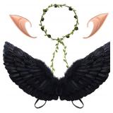 CLONG Black Wings Fallen Angel Costume Wings and Halo Devil Fairy Wings for Girls Kids Women Halloween