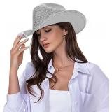 Silver Space Cowboy Hat - Sparkly Glitter Holographic Cowgirl Hat Rave Hat for Bachlorette Party Halloween(L)