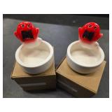 Lot of 2 4" Halloween Ghost Tea Light Holder - Creepy Ceramic Candle Stand with Red Eyes for Home, Party Decor - Seasonal Tabletop Decoration