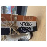 Halloween Decorations Indoor, 1 Set of Happy Spooky Season Wood Faux Books Stack,2 Primitive Halloween Ghosts on Wood Stand & 1 Black Cat Centerpiece for Tiered Tray Table Shelf Decor