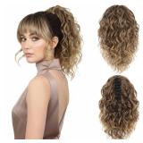 Clip on Ponytails for Women - 12 Inch Curly Ponytail Extension, Natural Pony Tails Hair Extensions, Synthetic Hair Extensions Ponytail, Clip in Ponytail (Color: Ash Blonde with Blonde Ends)