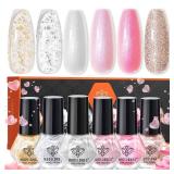 modelones Pink Nail Polish Set, 6 Colors White Gold Foil Glitter Silvery Pearl Shimmer Quick Dry Mini Starter, Long Lasting Art DIY Manicure Kit at Home for Women Girls Wedding Gifts