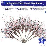 Alupssuc 8 Pcs 4th of July Patriotic Artificial Berry Stem Picks White Blue Red Pearls and American Flags for Independence Day Memorial Day, Home Office Restaurant Party Vase D cor