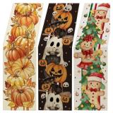 3 Pcs Halloween Table Runner Thanksgiving Table Runner 13x72 Inch Halloween Ghost Decor Fall Pumpkin Christmas Gingerbread Decor Holiday Decoration Seasonal Farmhouse Kitchen Decoration