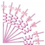 24 Reusable Pink Spiral Straws with 4 Bow Charms | Pretty Birthday Party, Bachelorette, Wedding, Baby Shower & Home Decor Essentials | Cute Coquette Supplies Straws +2 Brushes(Party Favors Gift Set)