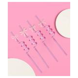 24 Reusable Pink Spiral Straws with 4 Bow Charms | Pretty Birthday Party, Bachelorette, Wedding, Baby Shower & Home Decor Essentials | Cute Coquette Supplies Straws +2 Brushes(Party Favors Gift Set)