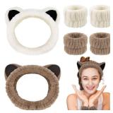 Cat Ears Spa Wristband Set Animal Skincare Funny Makeup Headband for Washing Face Fluffy Elastic Face Wash Hair Band for Women Girls Cute Trendy Stuff (White Brown)