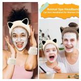 Cat Ears Spa Wristband Set Animal Skincare Funny Makeup Headband for Washing Face Fluffy Elastic Face Wash Hair Band for Women Girls Cute Trendy Stuff (White Brown)