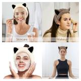 Cat Ears Spa Wristband Set Animal Skincare Funny Makeup Headband for Washing Face Fluffy Elastic Face Wash Hair Band for Women Girls Cute Trendy Stuff (White Brown)
