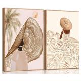 UZXTFQU 2Pcs Boho Woman Canvas Wall art Beige Abstract Minimalism Summer Girls Portrait Straw Hat Dress Line Gouache Painting Picture Wall Decor Poster Print Artwork for Living Room Bedroom Unframed