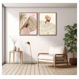UZXTFQU 2Pcs Boho Woman Canvas Wall art Beige Abstract Minimalism Summer Girls Portrait Straw Hat Dress Line Gouache Painting Picture Wall Decor Poster Print Artwork for Living Room Bedroom Unframed