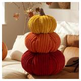 Lanpn 3D Stacked Fall Pumpkin Pillow, 3 Color Corduroy Pumpkin Halloween Decoration Throw Pillow Soft Cute 3D Shaped Cushion for Sofa Couch Bedroom Autumn Thanksgiving Halloween Decor (9.1x15in)