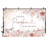 Lot of 2, MEHOFOND 7x5ft Pumpkin Baby Shower Backdrop Watercolor A Little Pumpkin is On The Way Pink Floral Fall Leaves Photography Background for Newborn Baby Shower Party Decor Cake Table Banner Pho