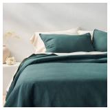 King/California King Heavyweight Linen Blend Comforter & Sham Set Dark Teal Blue - Casaluna: Woven Rayon, Zipper Closure - Retail: $169
