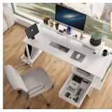 47.3 in. Rectangular Black Computer Desk White 2-Drawer with Power Outlet Monitor Stands Shelves Side Pocket and Hooks - Retail: $138