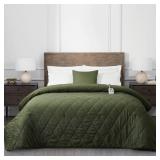 Brookstone Twin Heated Diamond Stitch Quilt Blanket Olive Green