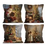 Vintage Christmas Tree Santa Claus Throw Pillow Covers 18x18 Set of 4