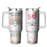 50th Birthday Tumbler With Handle & Straw, 40 Oz Stainless Steel