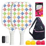 Pickleball Paddles Set of 2 | Lightweight 7.5OZ Fiberglass Paddle | Includes Pickleball Balls (Indoor/Outdoor), Grip Tapes & Bag | Rhombus Graphic Design