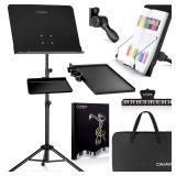 Dual Use Sheet Music Stand with Clamp-on Tray & Desktop Book Stand with Carrying Bag