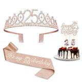 25th Birthday Decorations for Women Including Sash, Tiara/Crown, Numeral Candles and Cake Topper, 25th Birthday Gifts for Women, Rose Gold Party Favor Supplies - Retail: $13
