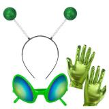 Alien Headband and Glasses, Alien Costume for Adult Women and Men, Halloween Accessories with Martian Antenna Headband Sunglasses Gloves, Space Costume Accessories for Party, Birthday, Green - Retail: