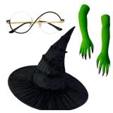 Halloween Witch Costume Set Witch Hat, Green Claw Gloves & Glasses 4pcs Dress-Up Kit for Cosplay & Party Fun - Retail: $15