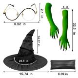 Halloween Witch Costume Set Witch Hat, Green Claw Gloves & Glasses 4pcs Dress-Up Kit for Cosplay & Party Fun - Retail: $15