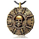Pirate Necklace for Men Women - Double-Sided Antique Brass Pirate Accessories, Cursed Skull Coin Medallion Jewelry, Authentic Halloween Cosplay Costume Jewelry Pendant Gift - Retail: $9