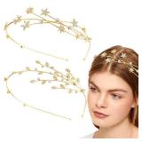 2 Pcs Gold Rhinestone Alloy Five-pointed Star Headbands Bridal Hair Hoop Decorative Headpiece Wedding Hair Accessories Ornaments for Elegant Women Girls - Retail: $9