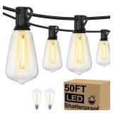 50FT Outdoor String Lights Waterproof, 2700K Bright LED Patio Lights with 27 ST38 Shatterproof Vintage Bulbs, Retro Connectable Edison String Lights for Outside, Garden, Balcony, Porch - Retail: $25
