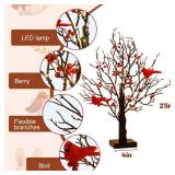 Vintage Glowing Tree with Cardinal, Christmas Cardinal Decorations, Red Bird Trees Lighted Branches, Christmas Tree with Berries for Tabletop Centerpiece Decorations Holiday Party, Indoor Office - Ret