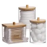 Qtips Holder Bathroom Container, 10/7 OZ Cotton Ball/Swabs Dispenser, Apothecary Jar Organizer for Storage Wood Lids - Retail: $10