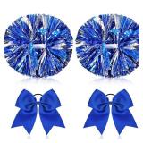 4 Pcs Cheerleading Pom Poms with Baton Handle and Cheerleader Hair Bows, 14 Inch Metallic Cheer Supplies for School Team Spirit Sports Dance Cheering(Blue) - Retail: $14