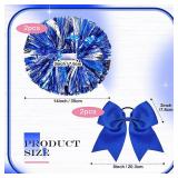 4 Pcs Cheerleading Pom Poms with Baton Handle and Cheerleader Hair Bows, 14 Inch Metallic Cheer Supplies for School Team Spirit Sports Dance Cheering(Blue) - Retail: $14