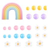 Boho Cake Topper, Qoadwem 26pcs Rainbow Cake Topper For Hippie Themed Daisy Flowers Blue Dog Cake Toppers Pastel Ball Cake Decorations for Groovy Hippie Wedding Party Supplies - Retail: $9