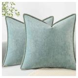 Spring Chenille Soft Cozy Throw Pillow Covers 20x20 Set of 2, Modern Farmhouse Boho Velvet Decorative Pillow Cases with Stitched Edge for Couch Sofa Bed Home Decor, Aqua Haze - Retail: $21